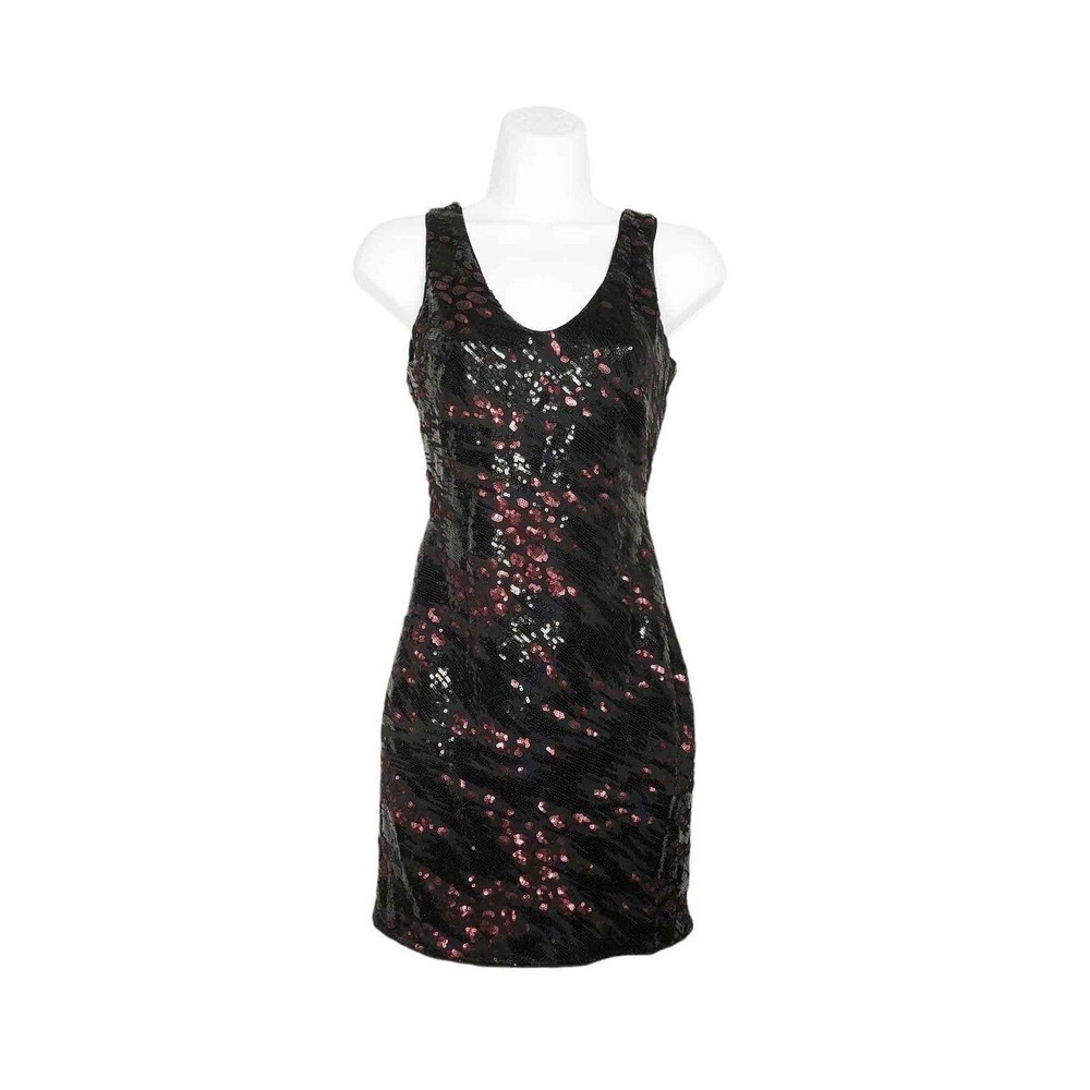 Astr Mini Dress Sequin V Neck Bodycon Black Wine Open Back Party Event Size XS